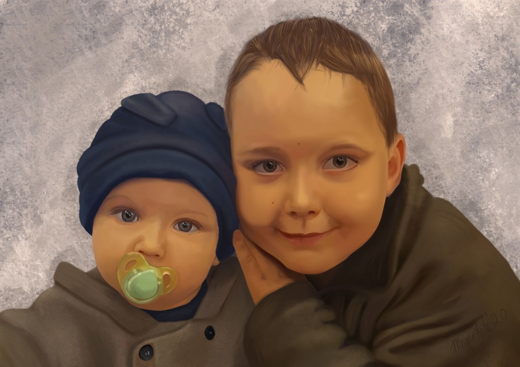 Infant sitting next to older sibling.