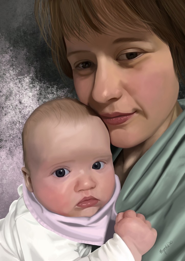 Mother holding infant. 