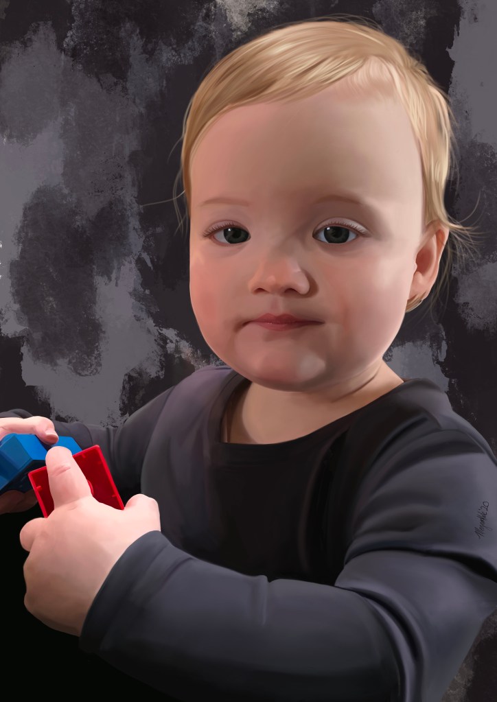 Infant dressed in blue hold two Duplo blocks.