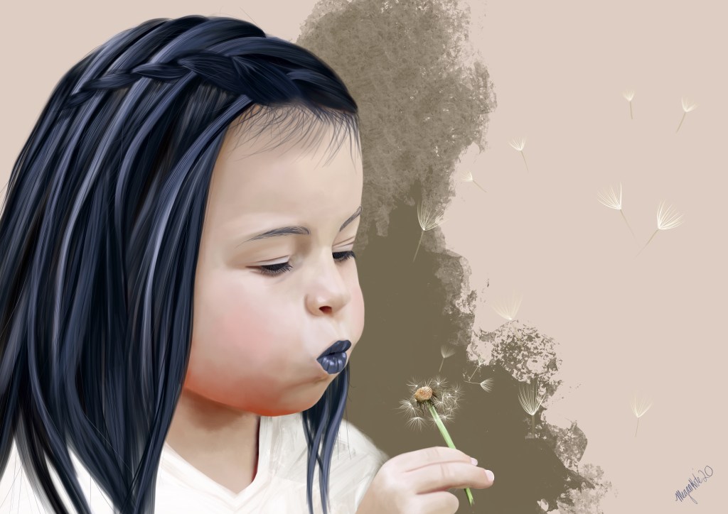 Young girl with blue hair blowing on a dandelion. 