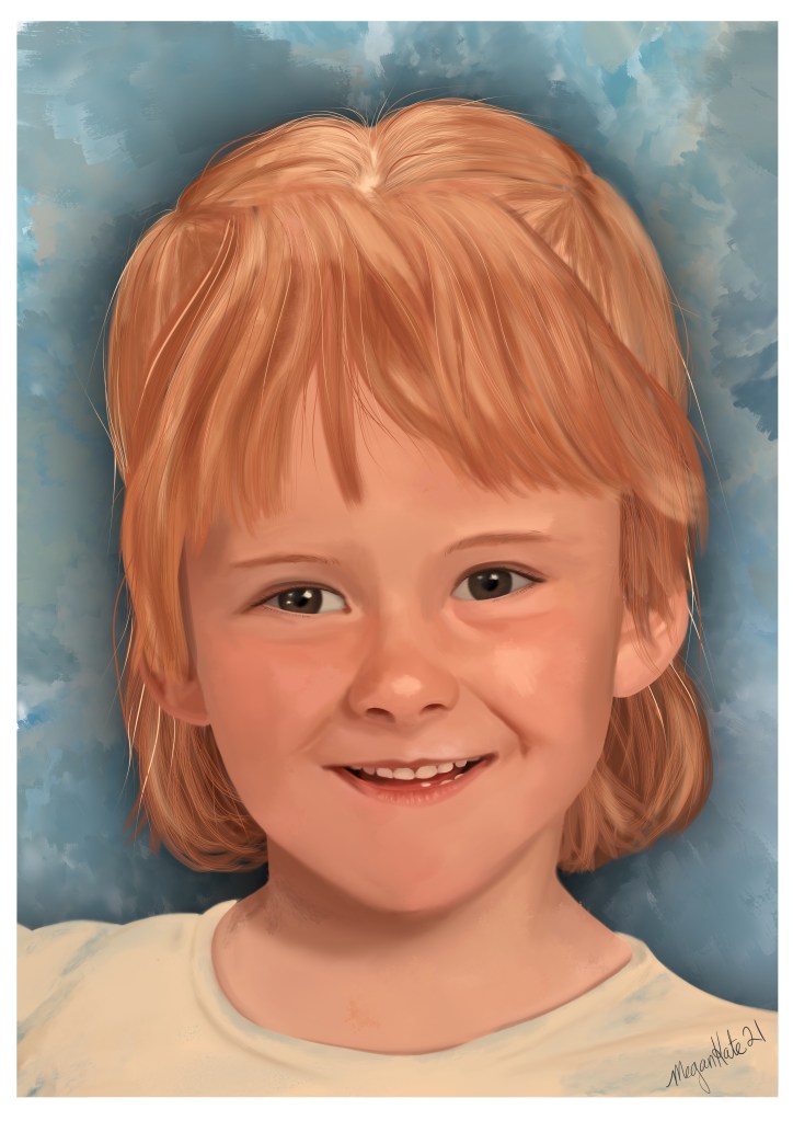 Digital portrait of young girl with red hair who is smiling. Painted to look like oil paint. Background is blue. 