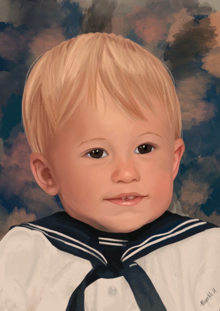 Digital Portrait of blond toddler with brown eyes. He is wearing a white and blue sailor suit. The background is blue and peach paint strokes. 