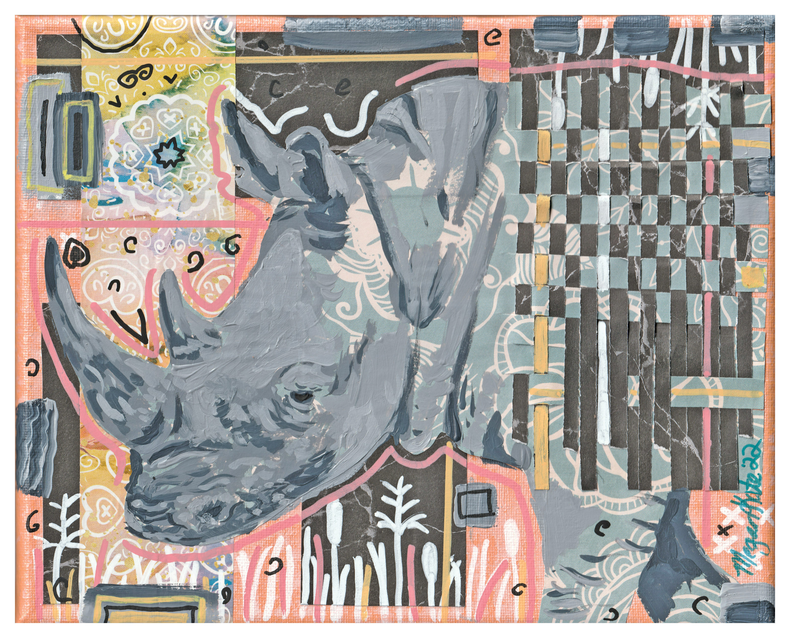 Mixed media painting of a rhino. Blue floral paper is woven into black marbled paper. The background consists of fluorescent orange paint with a mix of marks made with paintbrush and markers.